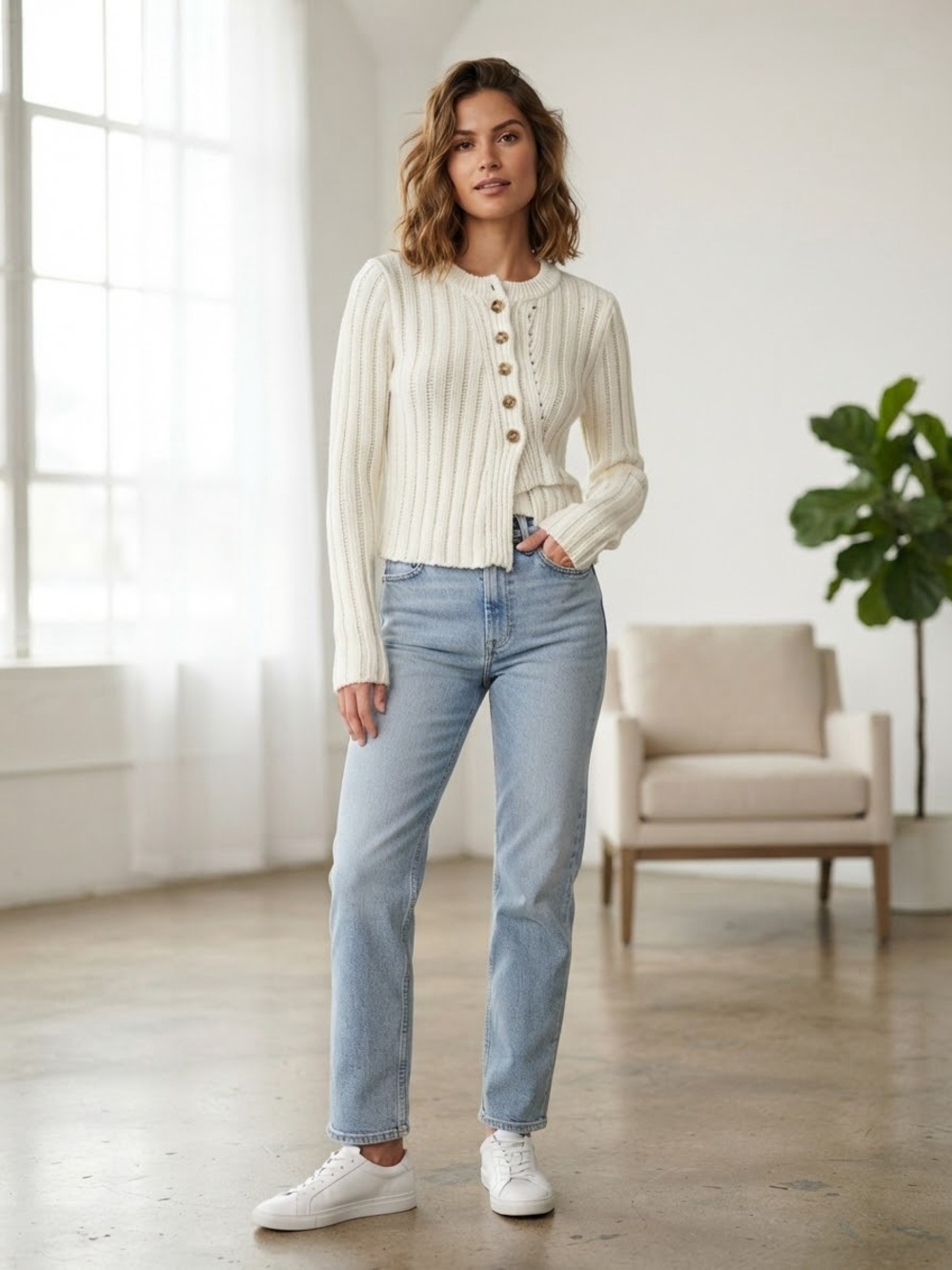 Beivy Women’s White Ribbed Knit Asymmetric Button-Down Cardigan Sweater Size L